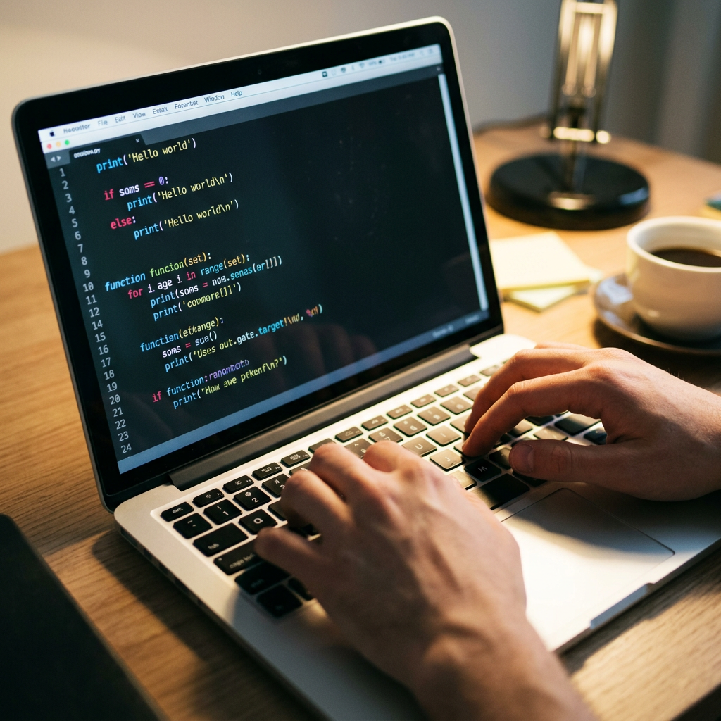 Hands typing Python code on a laptop beside coffee